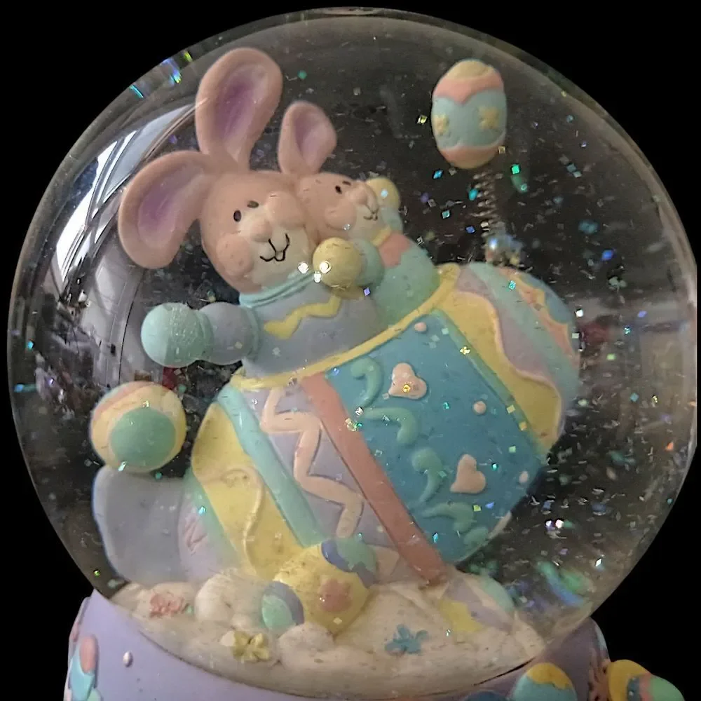 Easter Snow Globe Music Box Musical Bunny VIDEO Pastel Balloons Eggs Vintage 90s